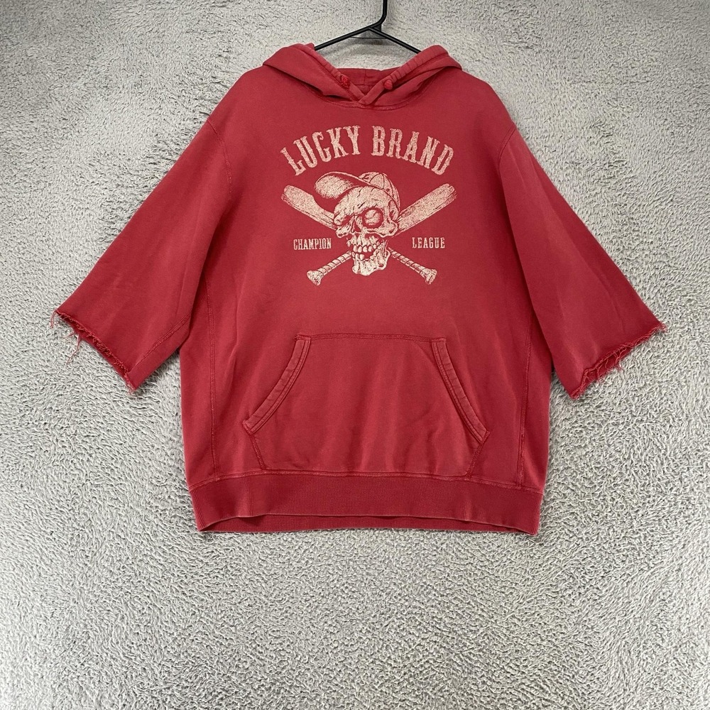 Lucky Brand Y2K Hoodie Mens XL Skull‎ Baseball Graphic Fleece 3/4 Sleeve Grunge